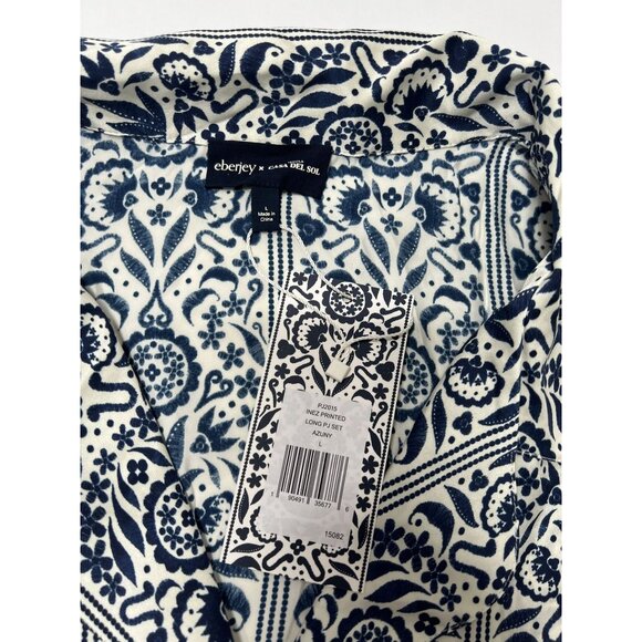 Eberjey x Casa Del Sol - Inez Washable Silk Printed Long PJ Set in Azulejos Navy - Picture 5 of 9